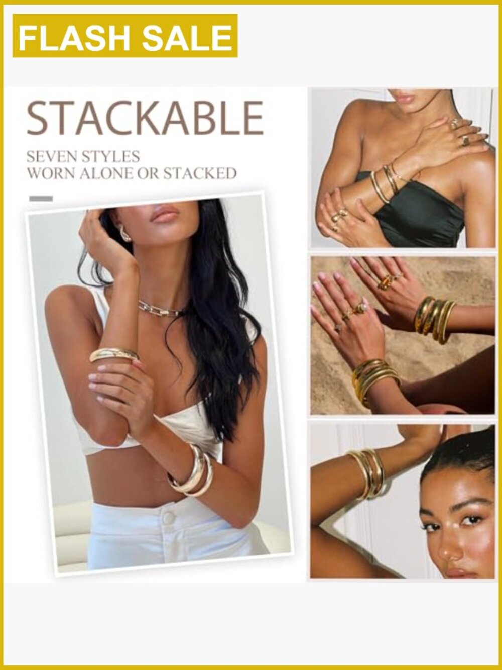 7-Piece Stackable Bangle Bracelet Set, 14K Gold Plated, Boho Style - Picture 3 of 7